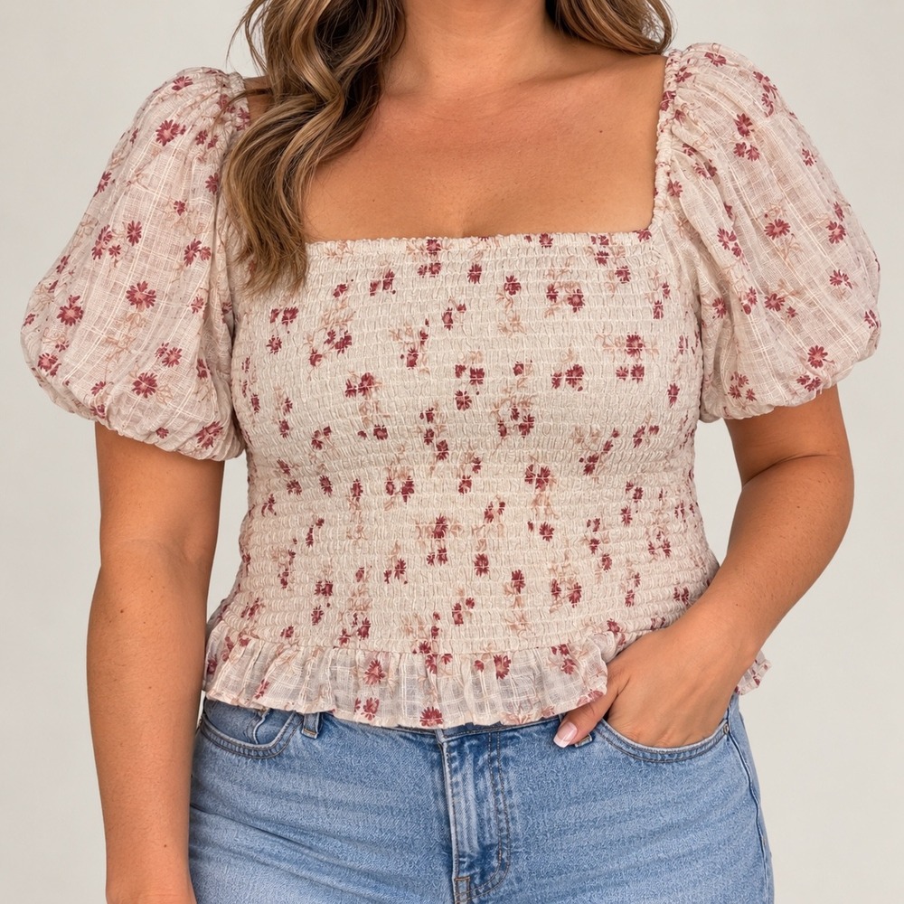 American Eagle Smocked Floral Puff Sleeve Blouse Cream Burgundy XL Cottagecore